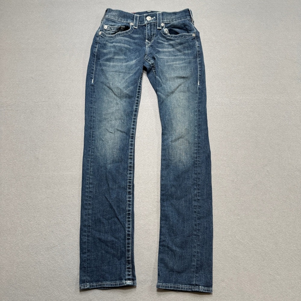 True Religion Jeans Men's 28 Blue Dark Wash Slim Fit No Flap Straight Whiskered